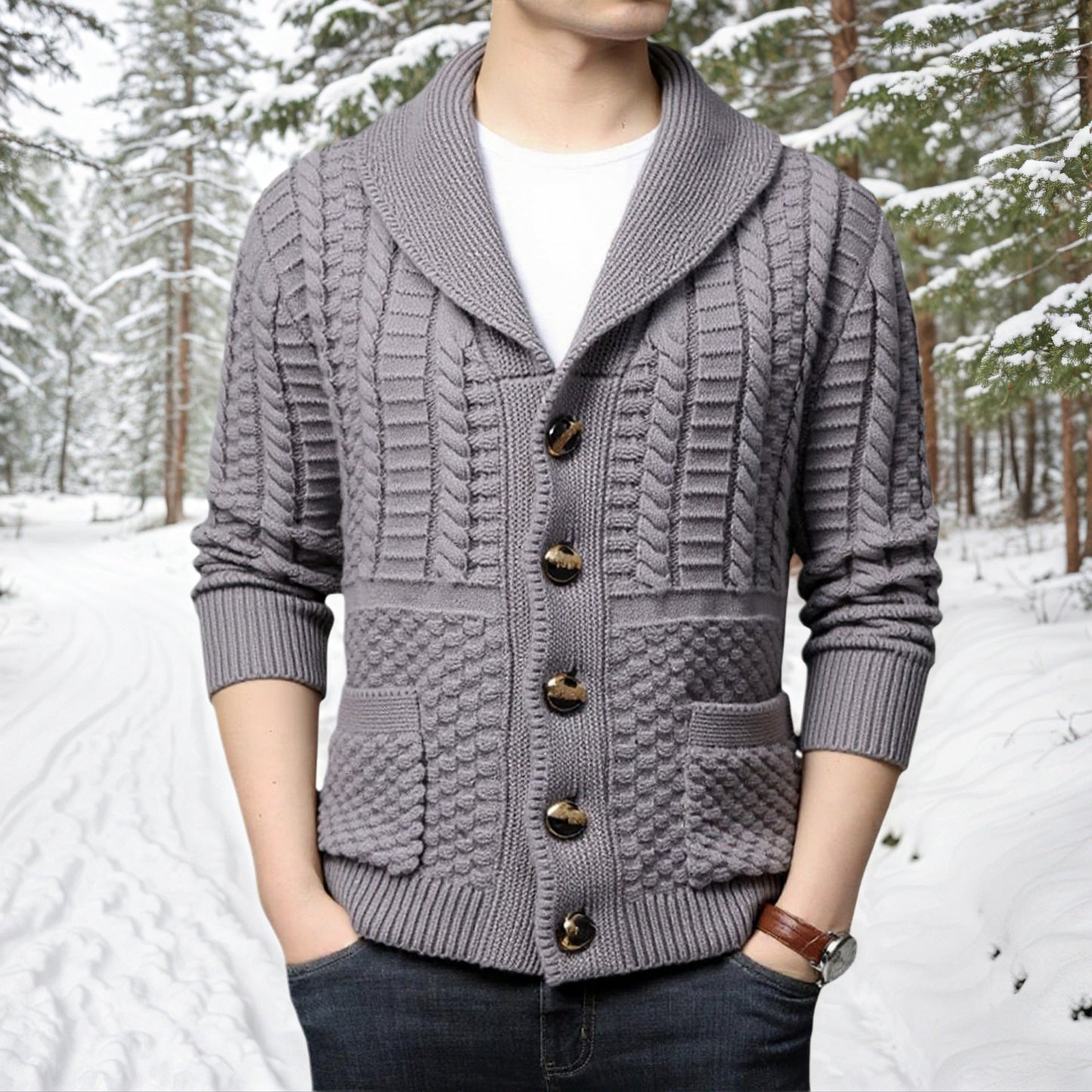 Herren Strickjacke Modern mit V-Ausschnitt und Zopfmuster - BerlinGlamour
