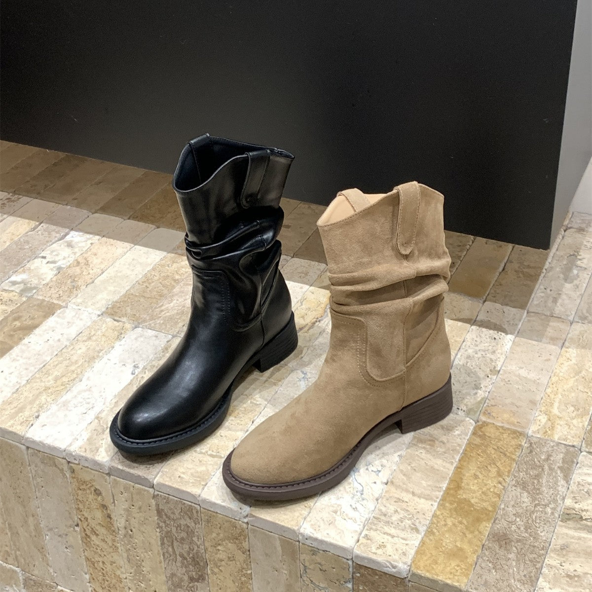 Damen Stiefel Bequem Blockabsatz Geraffter Schaft