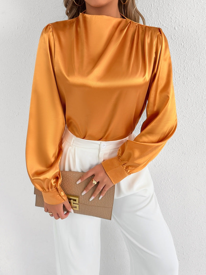 Damen Bluse Satin Modern Stehkragen Elegante Ärmel
