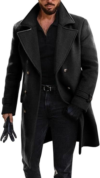 Herren Langmantel Eleganter Doppelknopf Schwarz