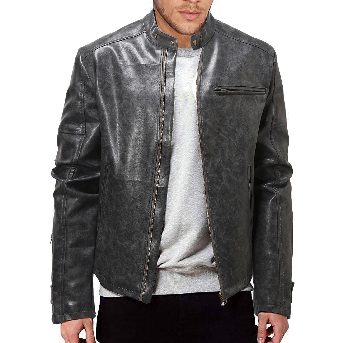 Herren Lederjacke Biker Style Modern Schwarz