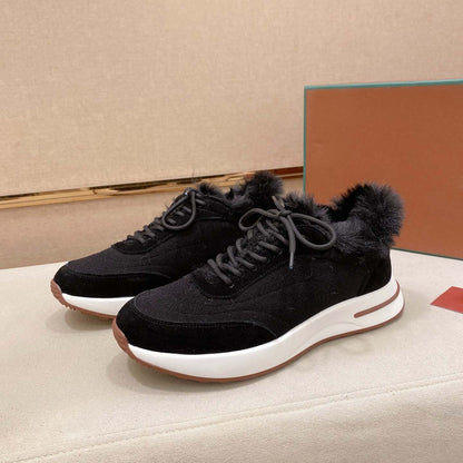 Damen Sneaker Sportlich Fellkragen Schwarz Winter