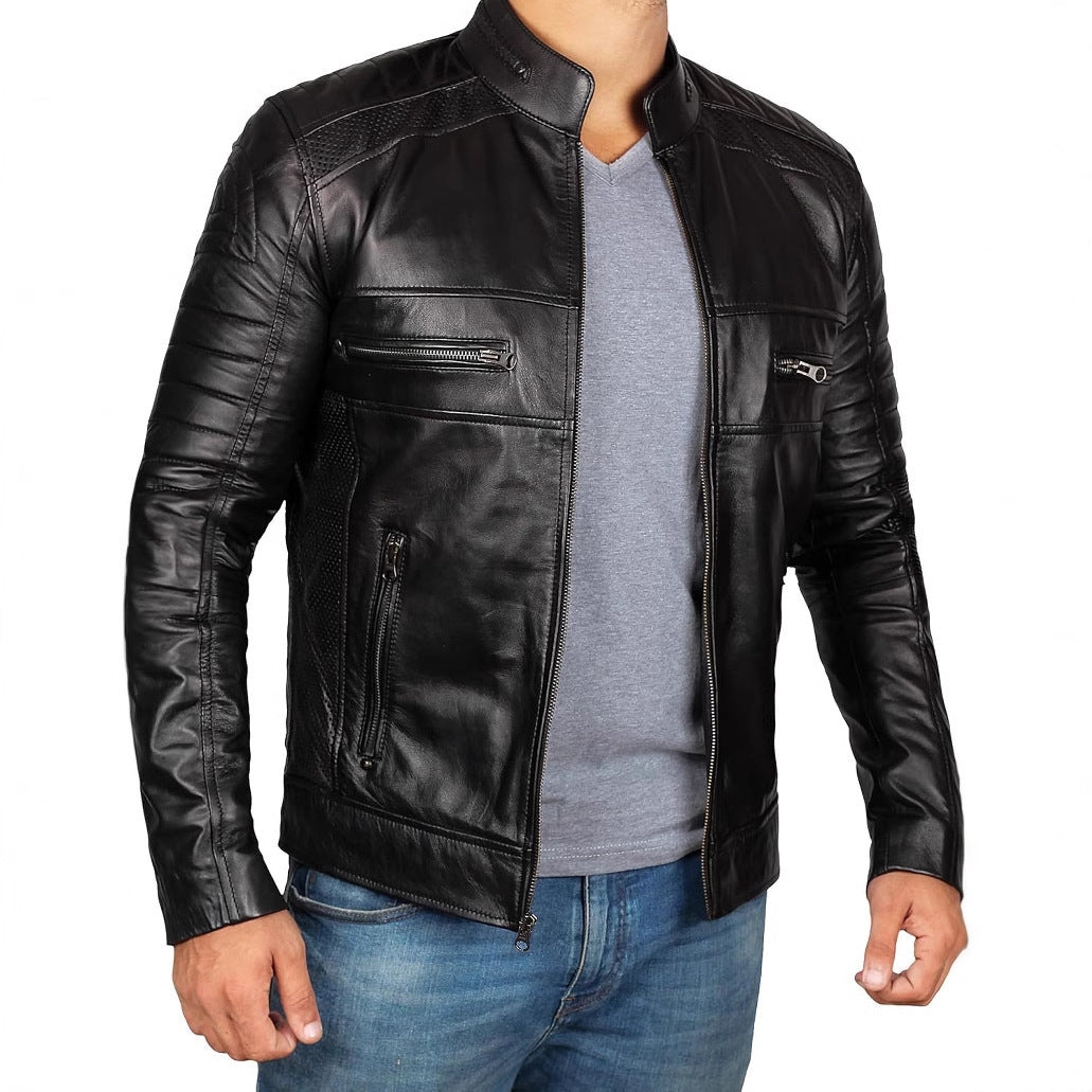 Lederjacke Herren Biker Stil Reißverschluss Taschen