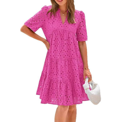 Sommerkleid Damen V-Ausschnitt Rüschensaum Broderie