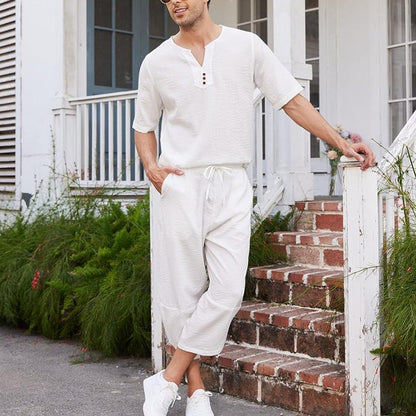 Herren Leinenanzug Sommer Kurzarm Oberteil Lockere Hosen