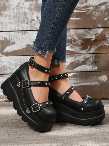 Damen Plateau Pantoletten Modisch Schnalle Nieten Damenschuhe