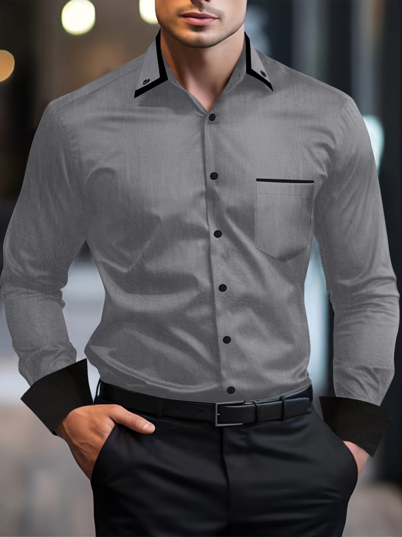 Herren Langarmhemd Modern mit Kontrastdetails Schwarz