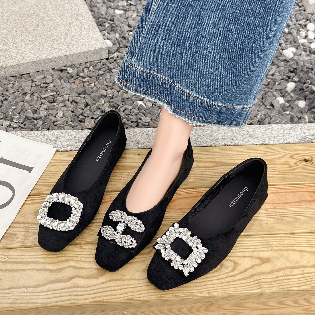 Damen Ballerinas Strass Schuhe Elegant Samt