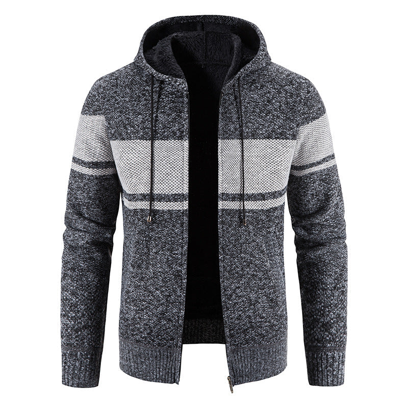 Herren Strickjacke Warm Fleece Kapuze Grau