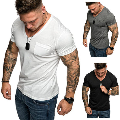 Herren T-Shirt V-Ausschnitt Weich Baumwolle Mit Brusttasche