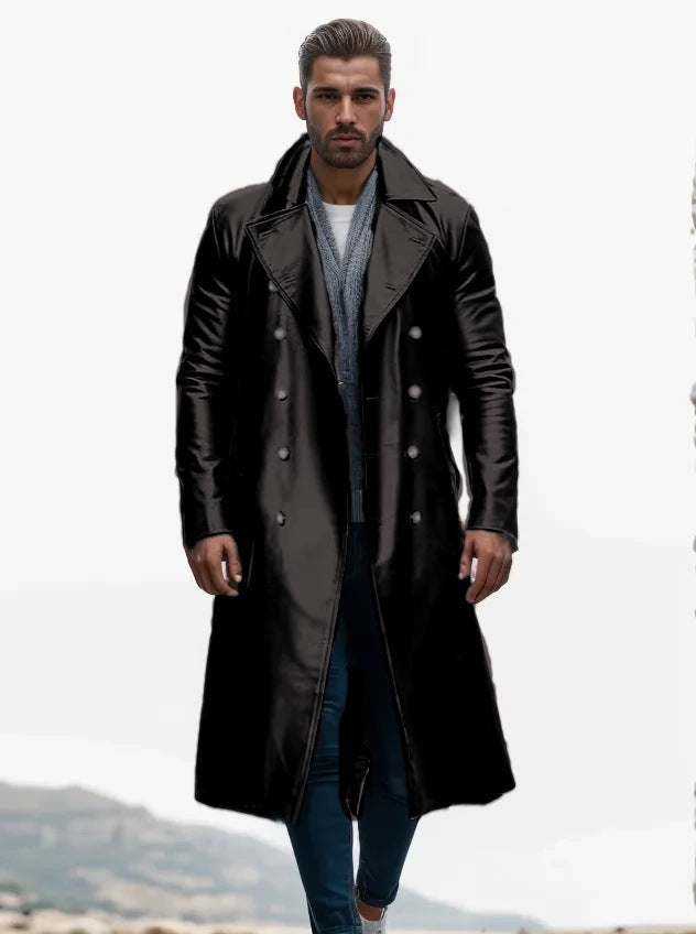 Eleganter Herren Ledermantel Modern Schwarz