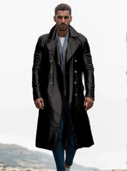 Eleganter Herren Ledermantel Modern Schwarz