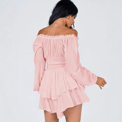 Damen Off-Shoulder Kleid Voluminös Ärmel Lange Frauenkleid Elegant