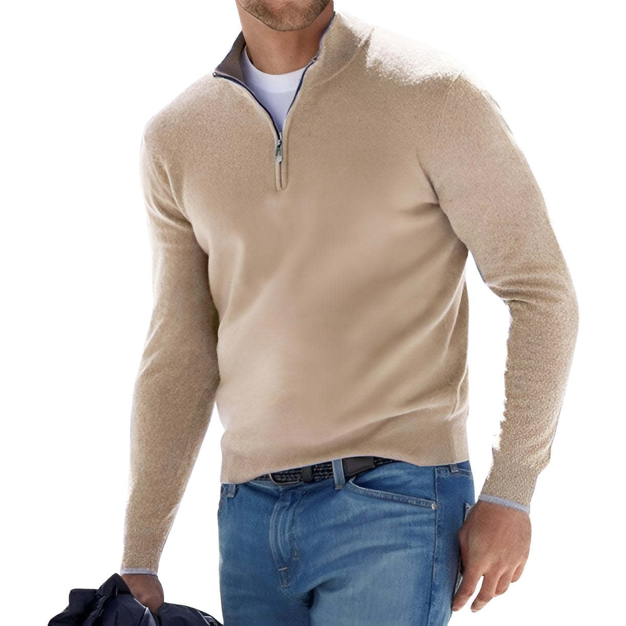 Herren Pullover Stehkragen Reißverschluss Modern Schwarz