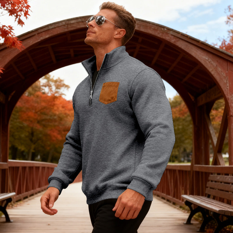 Herren Fleecepullover Mit Reißverschluss und Brusttasche Warm