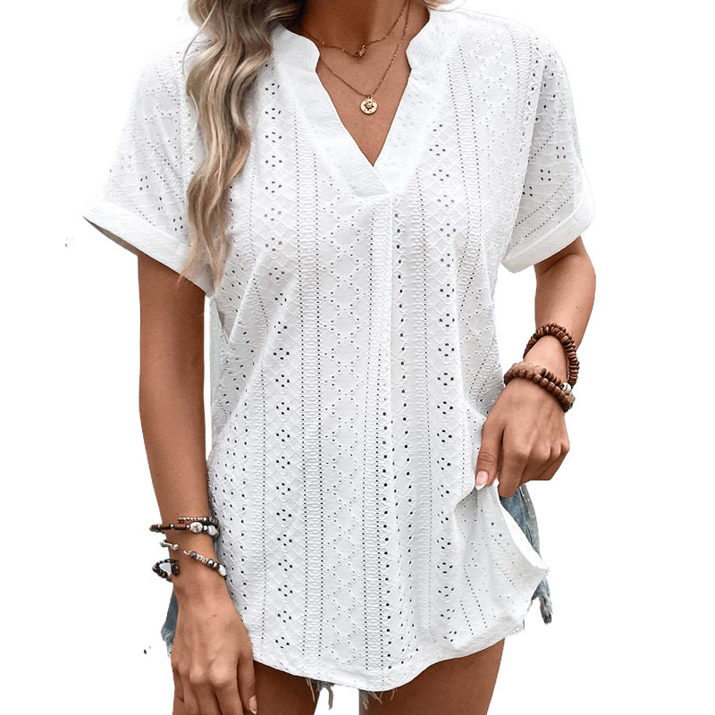 Damen Oberteil Elegante Lochstickerei V-Ausschnitt Modern