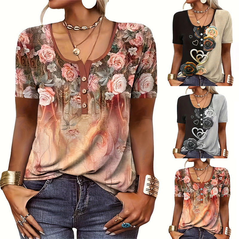 Bluse Damen Floralmuster Knopf Oberteil Modern - BerlinGlamour