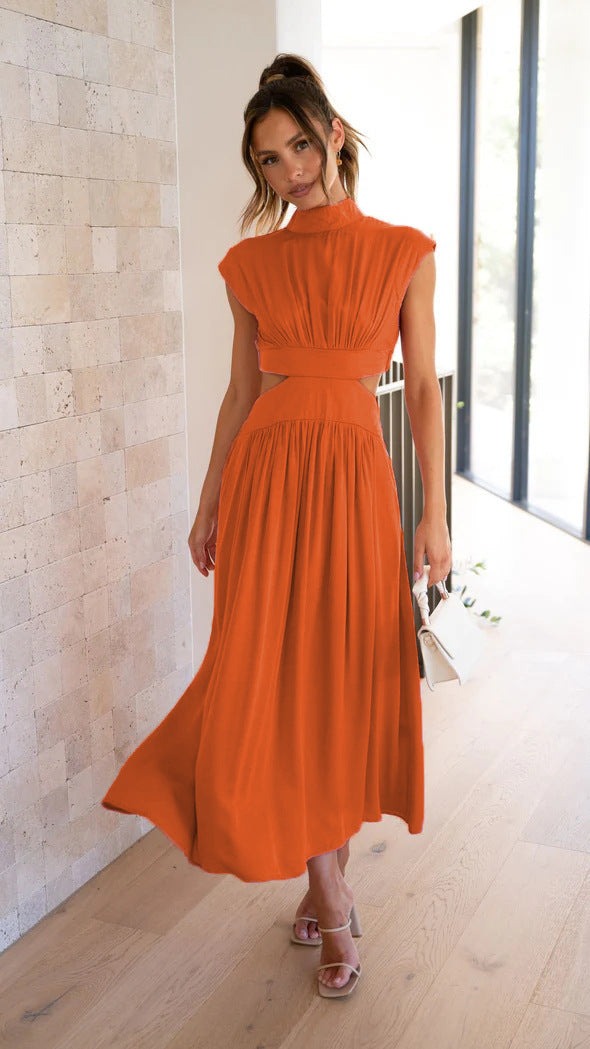 Damen Maxikleid Stehkragen Elegant Cut Out Damenkleid