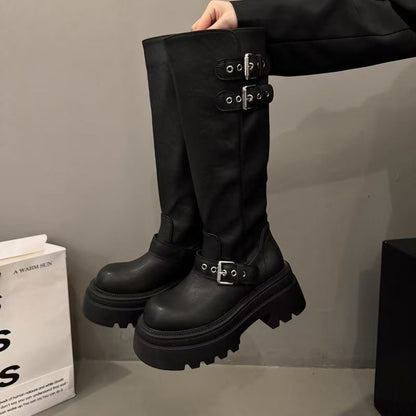 Damen Stiefel Mit Schnallen Schwarz Modisch