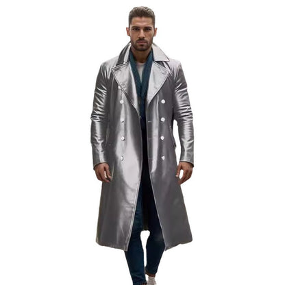 Eleganter Herren Ledermantel Modern Schwarz