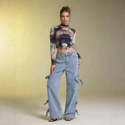 Damen Cargo-Jeans Weite Bein mit Bindebändern