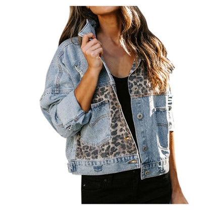Damen Jeansjacke Leoparden Muster Trendy