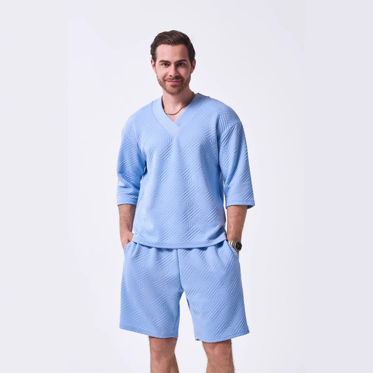 Herren Freizeit Set Lässiger V-Ausschnitt Pullover Shorts