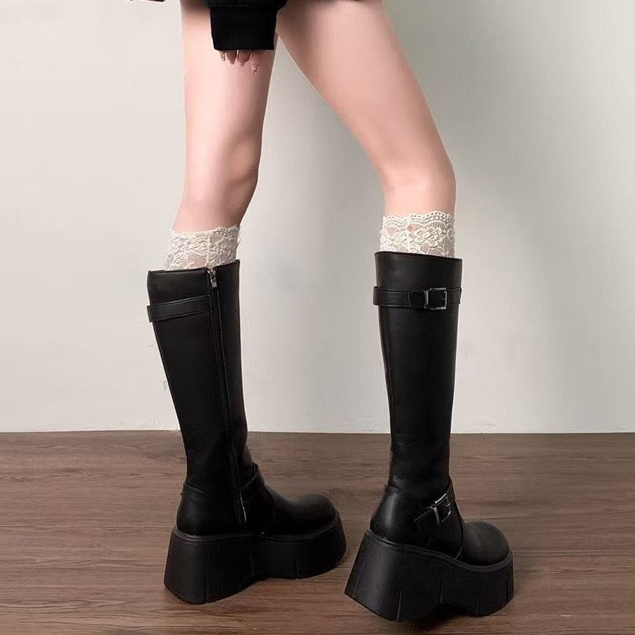 Damen Stiefel Mit Schnallen Schwarz Modisch