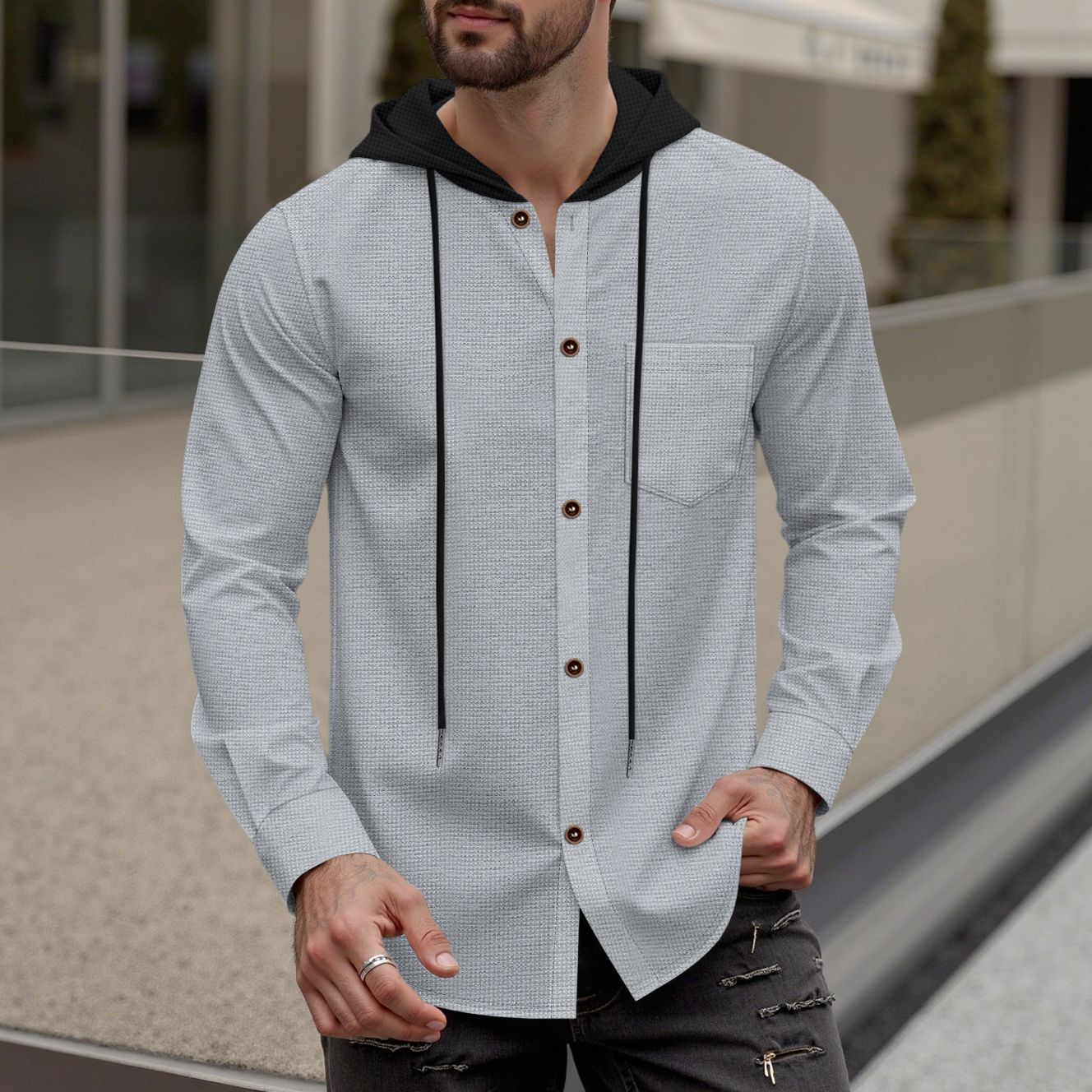 Herren Kapuzenshirt Modern mit Knopfleiste und Brusttasche