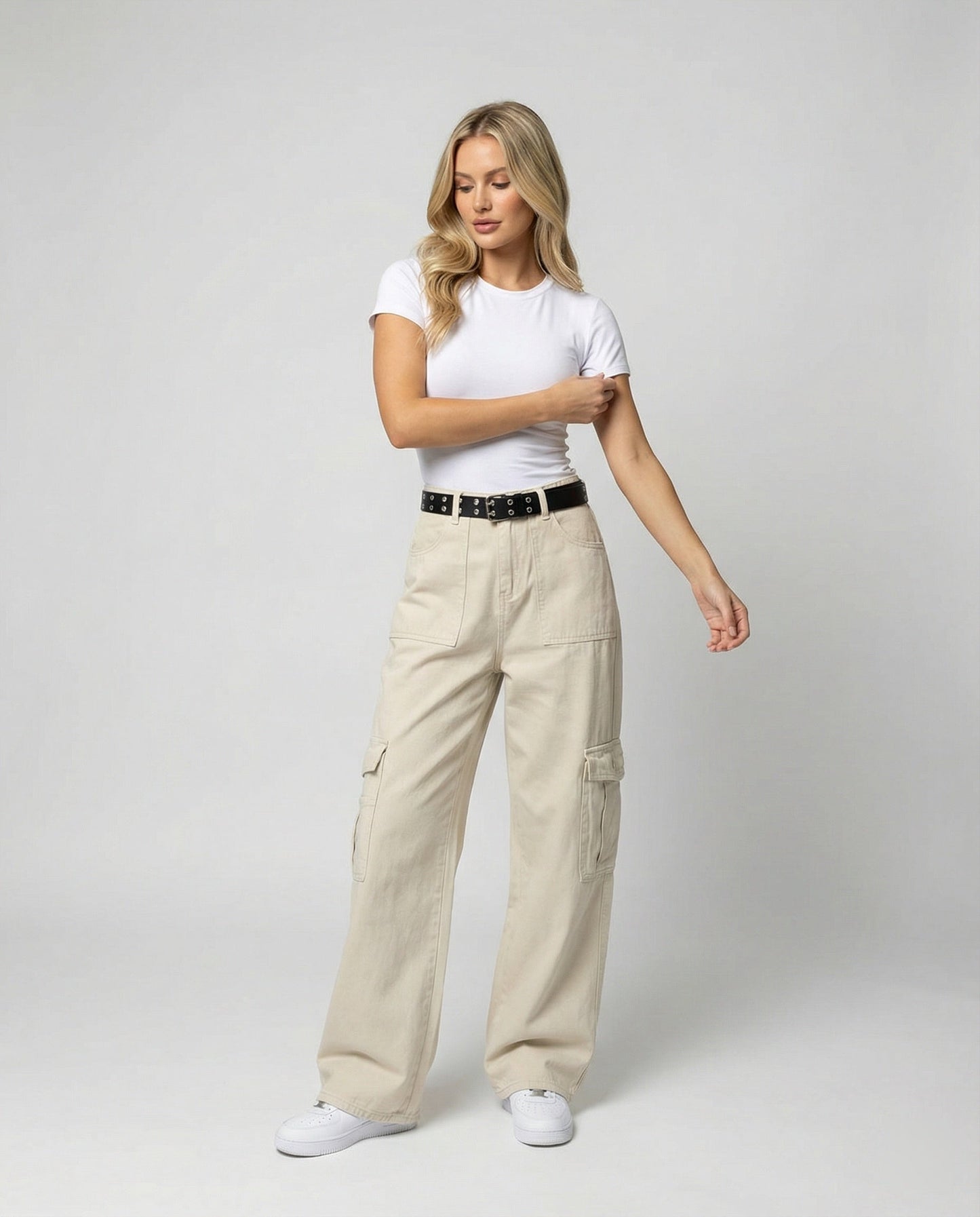 Damen Cargo-Hose Weit Bein Große Taschen Gürtelschlaufen