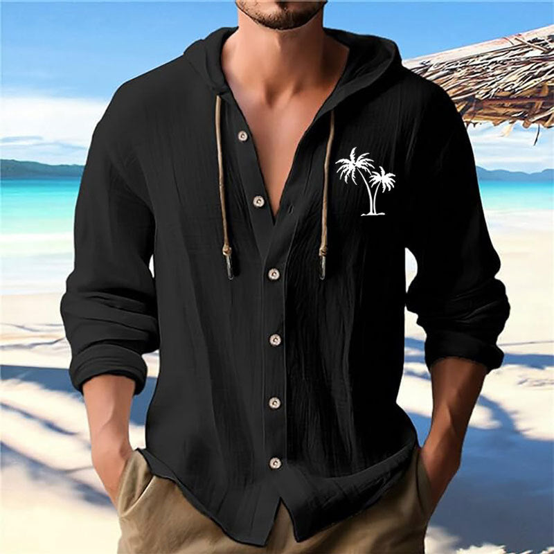 Herren Kapuzenshirt Modern mit Palmendruck und Knöpfen