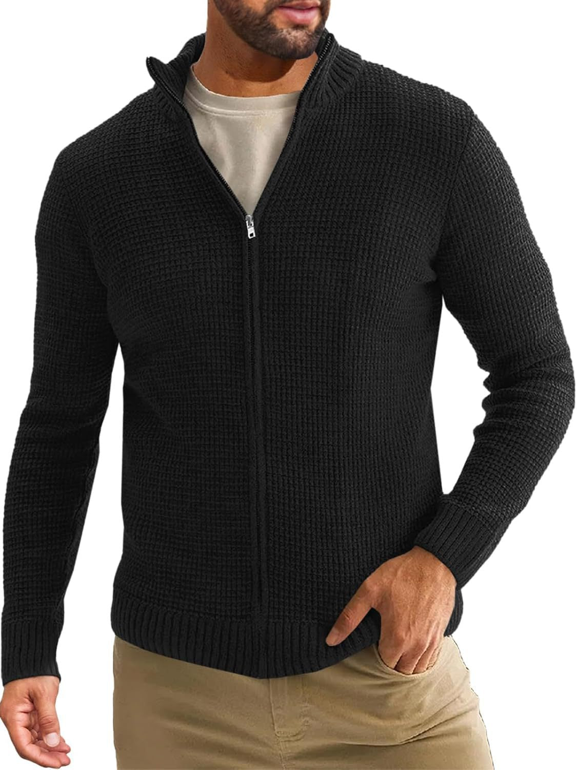 Herren Strickjacke Lang Reißverschluss Hochkragen Winter