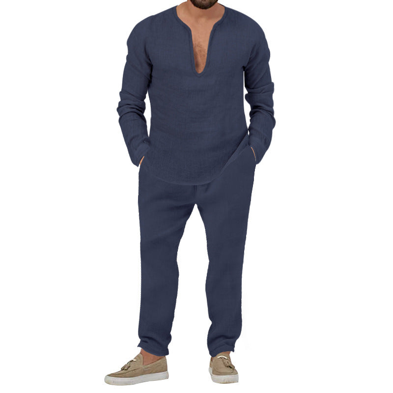 Herren Leinenanzug Set Elegantes Loungewear Stehkragen Modern