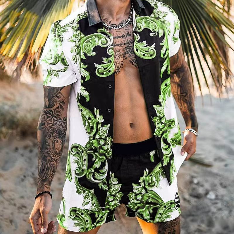 Herren Hemd Kurzarm Barock Muster Elegante Bluse