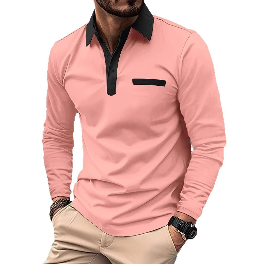 Herren Poloshirt Langarm Modern Stehkragen Kontrast Design