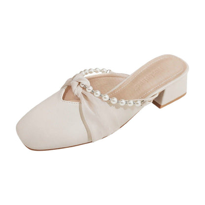 Damen Mules Elegante Perlen Schuhe mit Schleife Damen Schuhe