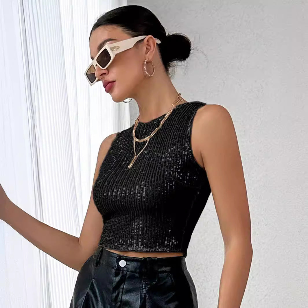 Damen Glitzer Top Crop mit Rippenmuster Glamour