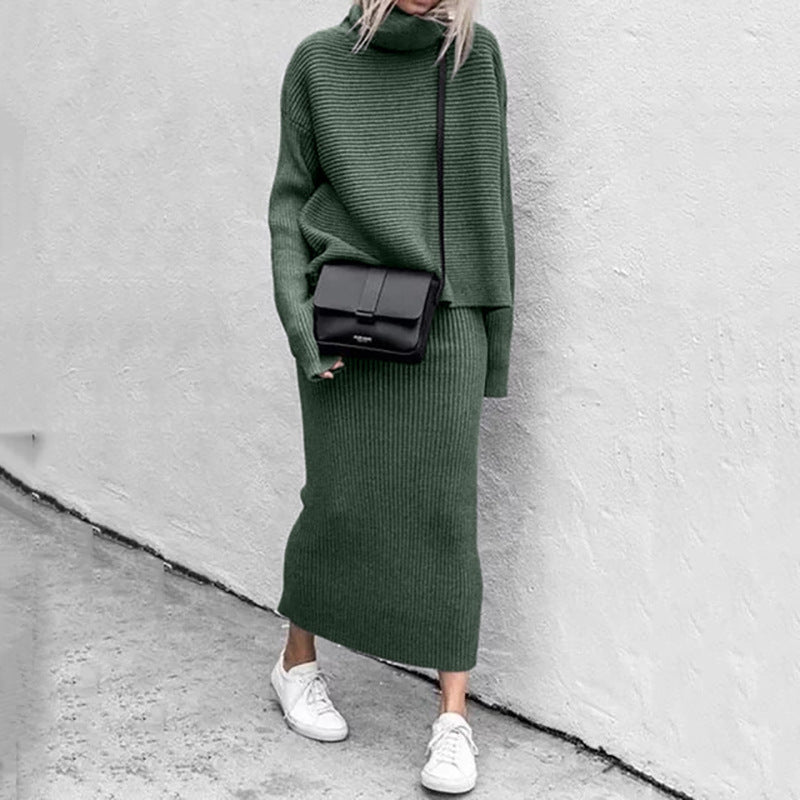 Damen Strickpullover Rollkragen Set mit Rock