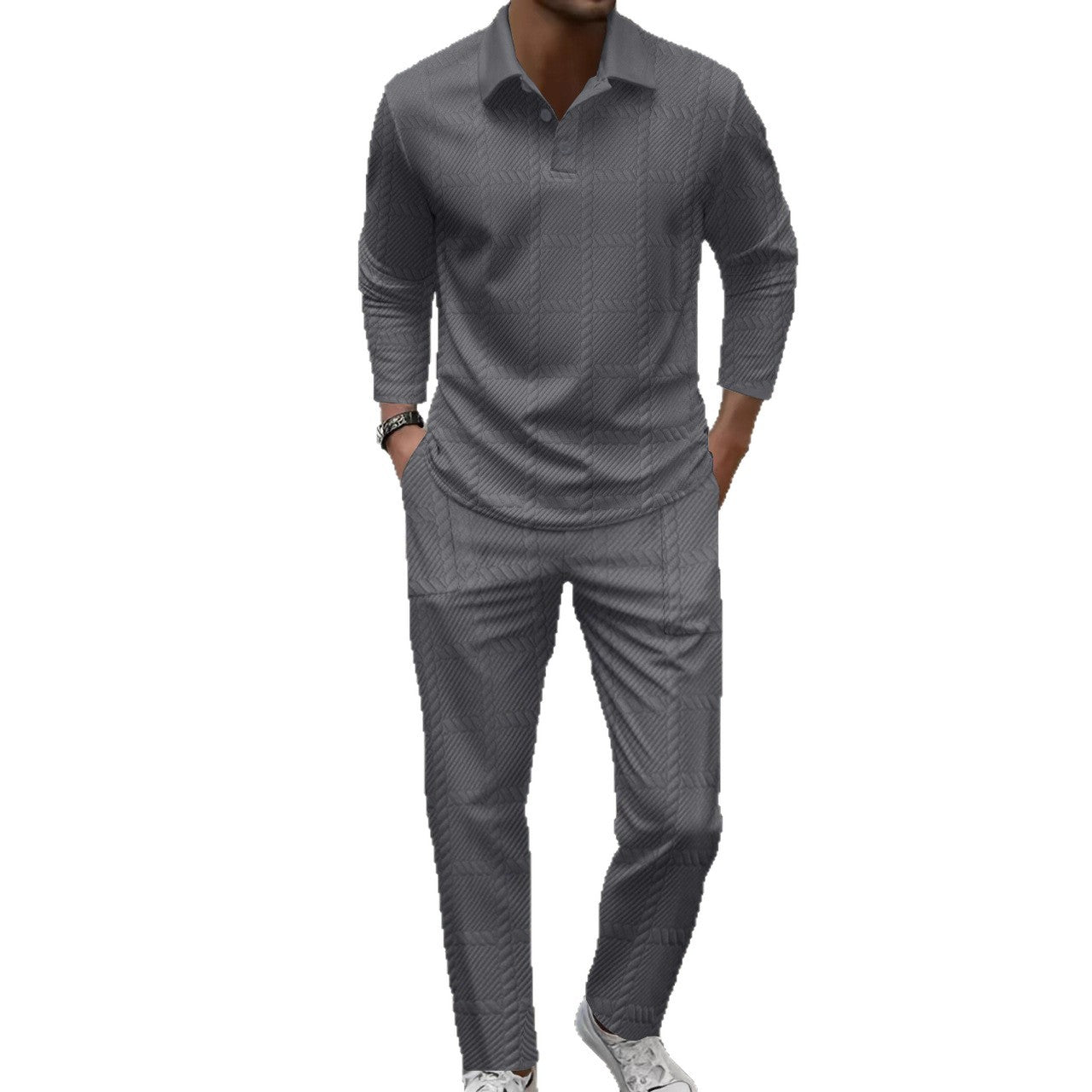 Herren Poloshirt Langarm Slim Fit Hose Set Modern