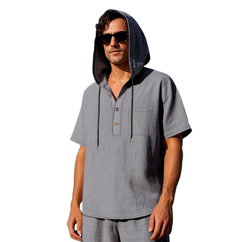 Männer Kapuzen-T-Shirt mit Knöpfen und Brusttasche Sportlich
