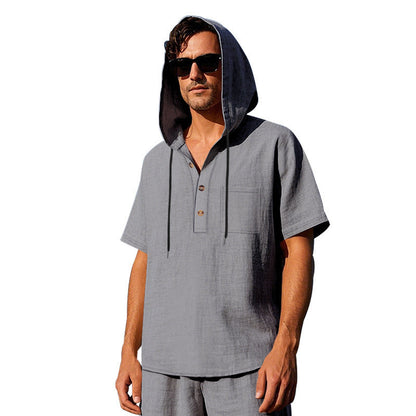 Männer Kapuzen-T-Shirt mit Knöpfen und Brusttasche Sportlich