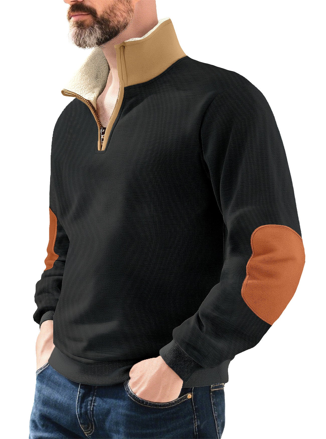 Herren Pullover Fleece Stehkragen Kontrast Ellenbogen