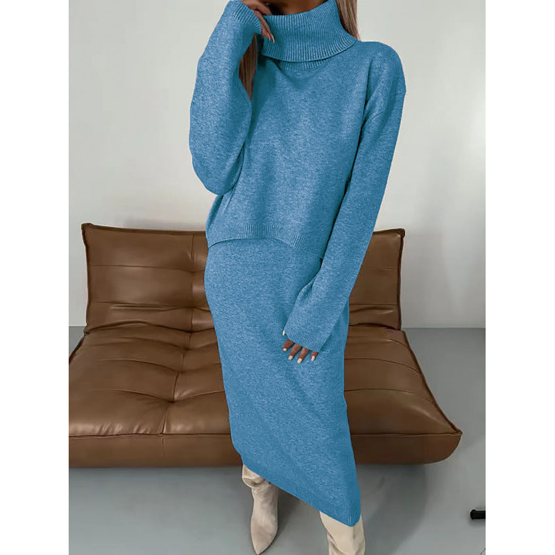 Damen Strick Zweiteiler Rollkragen Pullover und Midi Kleid