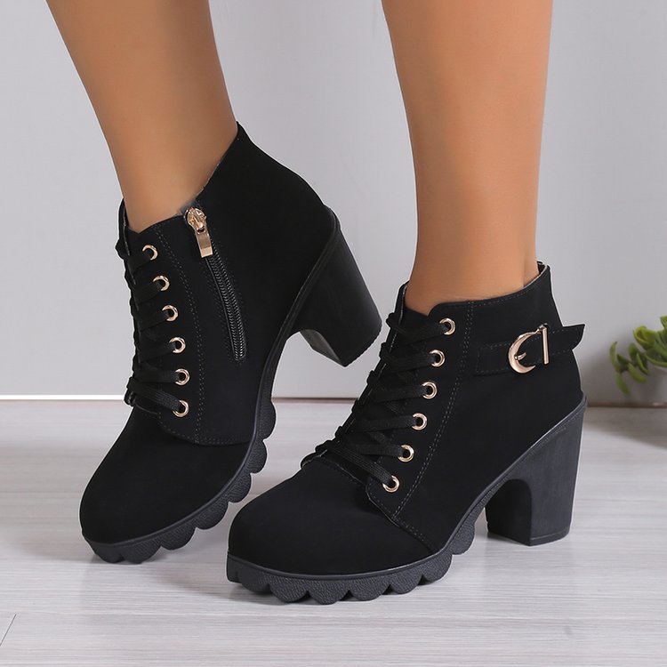 Damen Stiefeletten Blockabsatz Schnürstiefelette Reißverschluss - BerlinGlamour