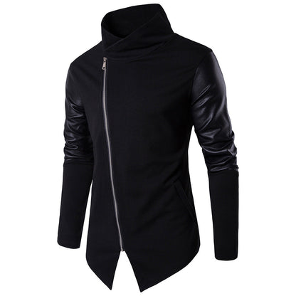 Herren Lederjacke Asymmetrisch Mit Kontrastärmeln Modern