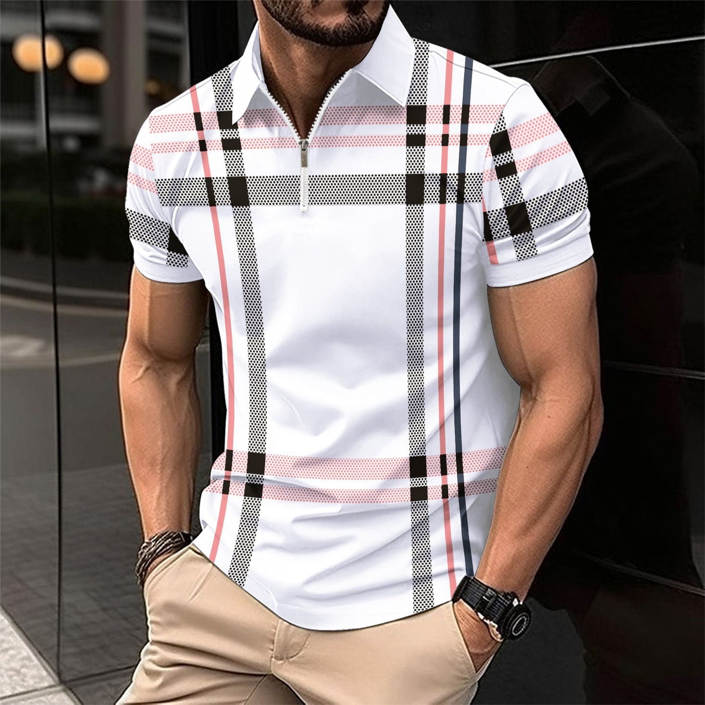 Herren Poloshirt Stehkragen Karomuster Modern - BerlinGlamour