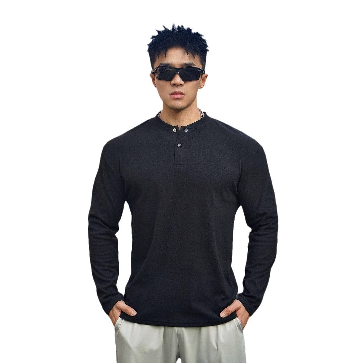 Herren Langarmshirt Atmungsaktiv Knöpfausschnitt Modern