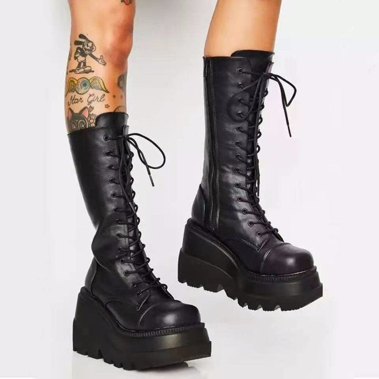 Damen Schnürstiefel Urban Style Stabiler Sohle Schwarz - BerlinGlamour