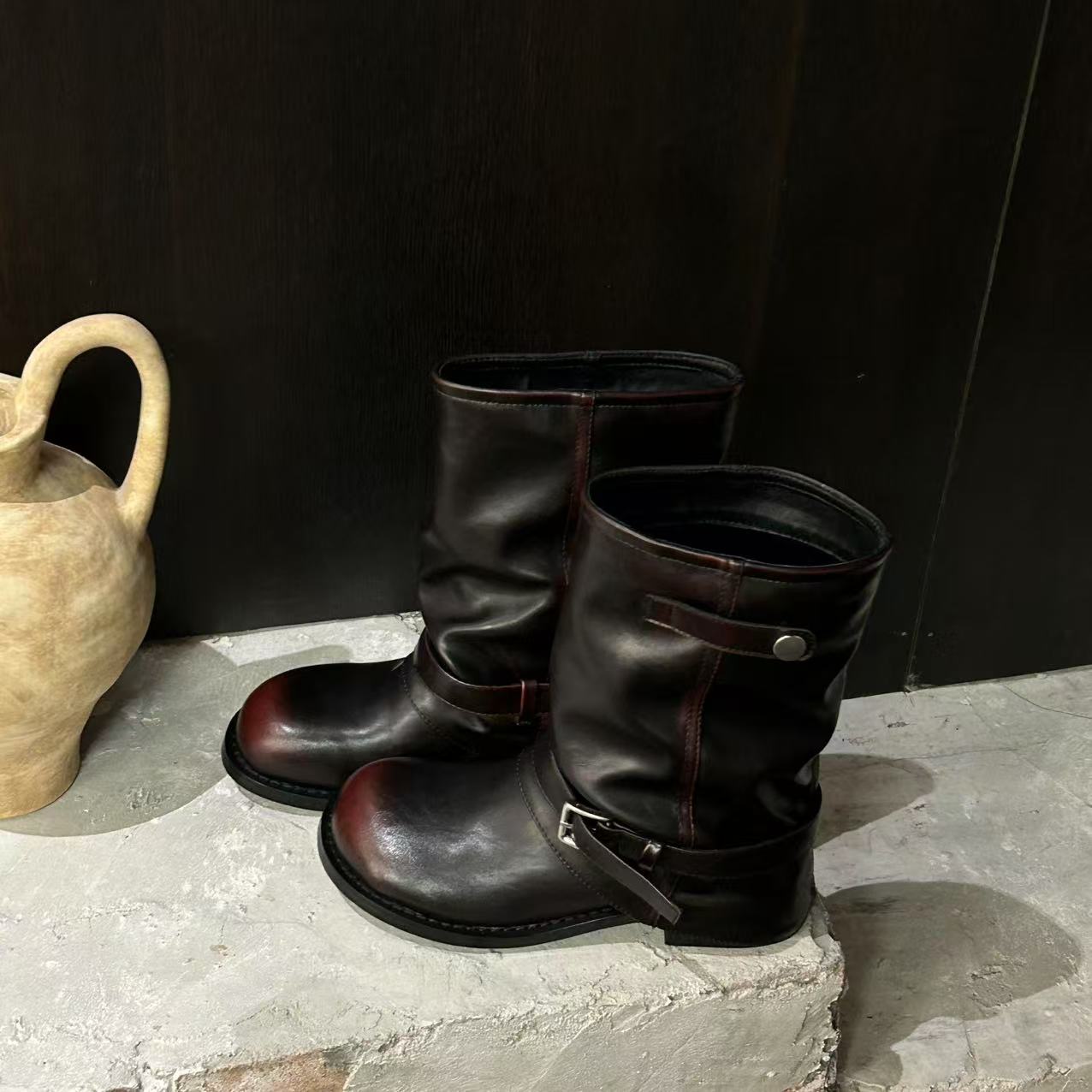 Damen Lederstiefel Schnalle Schwarz Modisch