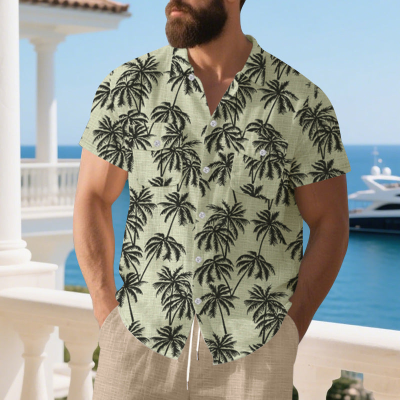 Herren-Hemd Kurzarm Tropen-Muster Bequem Sommer